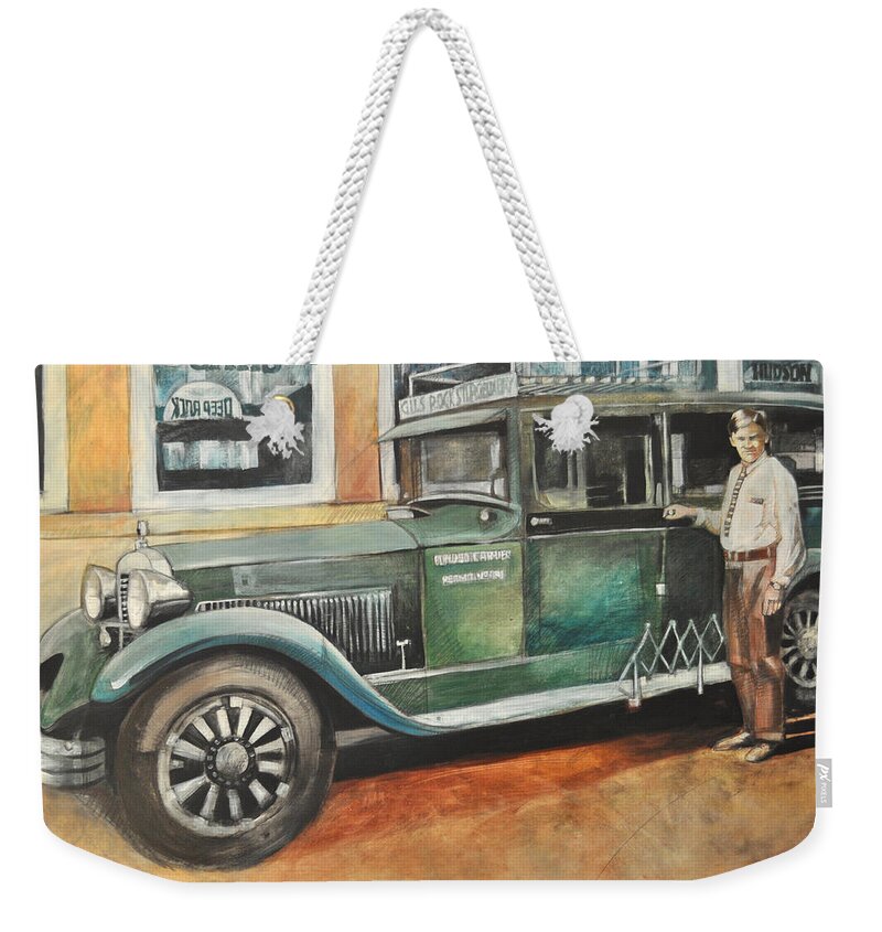 Bus Weekender Tote Bag featuring the painting Ernests First Bus by Tim Nyberg