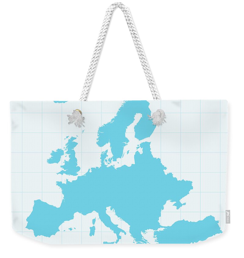 Continent Weekender Tote Bag featuring the digital art Europe Map On Grid On Blue Background by Iconeer