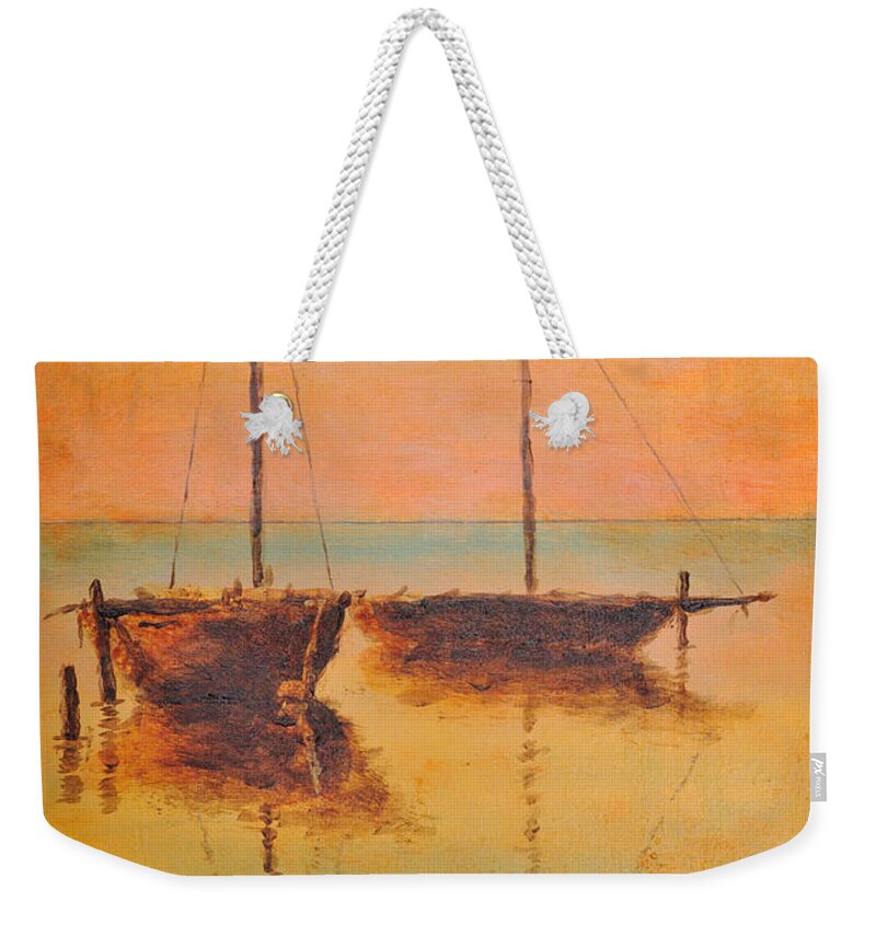 Ship Weekender Tote Bag featuring the painting Evening boats by Martin Capek