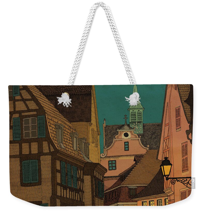 Alsace Village Town Architecture Weekender Tote Bag featuring the drawing Evening by Meg Shearer