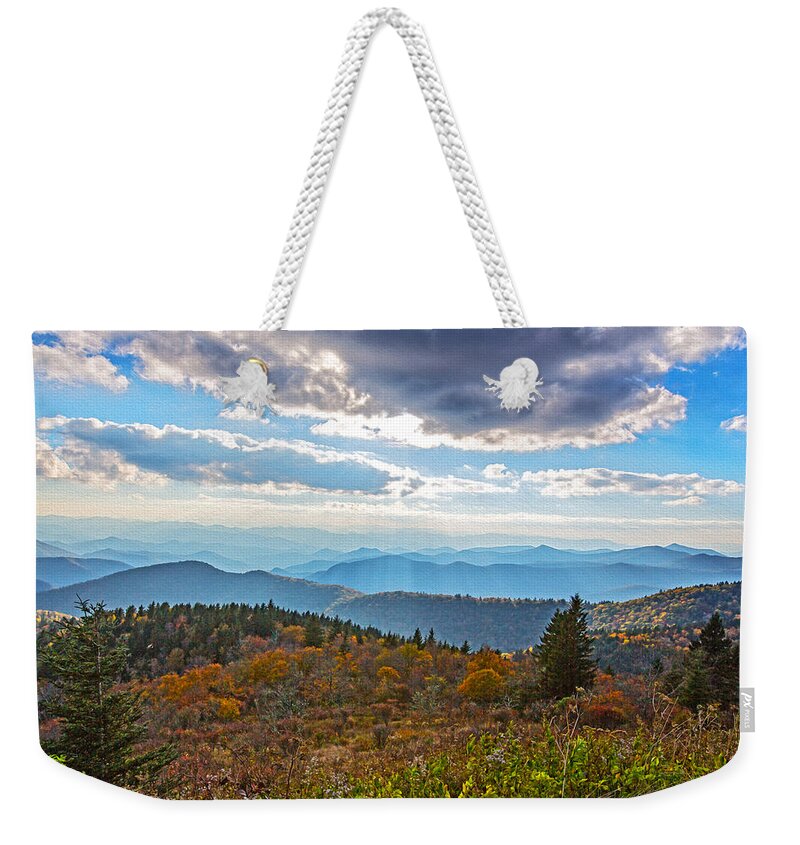 Blue Ridge Parkway Weekender Tote Bag featuring the painting Evening on the Blue Ridge Parkway by John Haldane