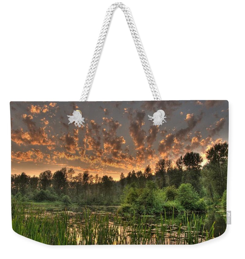 Pondsunsetlandscapescenic Weekender Tote Bag featuring the photograph Evening Pond by Jeff Cook