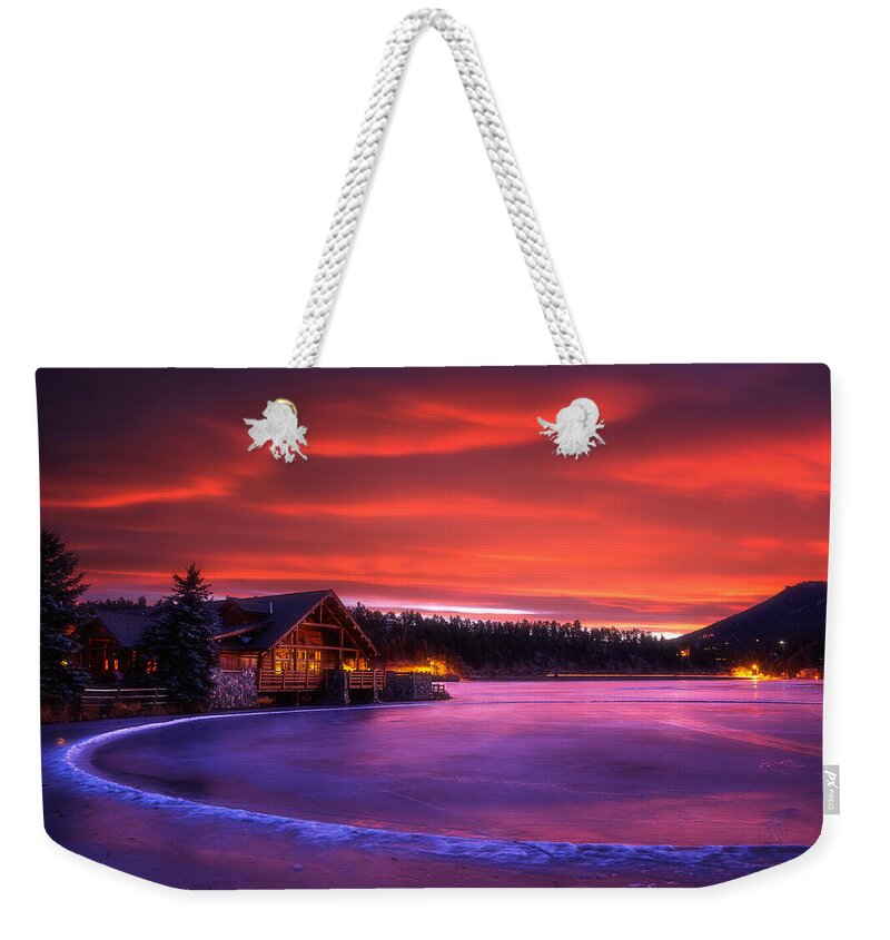 Sunrise Weekender Tote Bag featuring the photograph Evergreen Lake Sunrise by Darren White