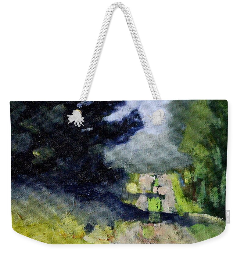 Oregon Weekender Tote Bag featuring the painting Evergreen Light by Nancy Merkle