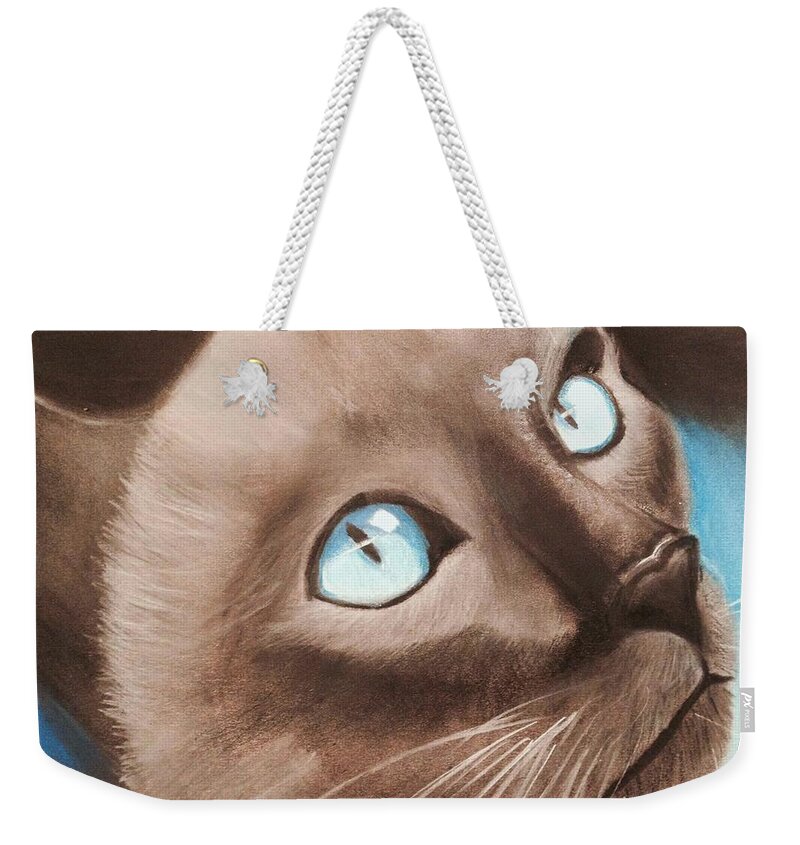 Cat Weekender Tote Bag featuring the pastel Eyeing the Canary by Renee Michelle Wenker