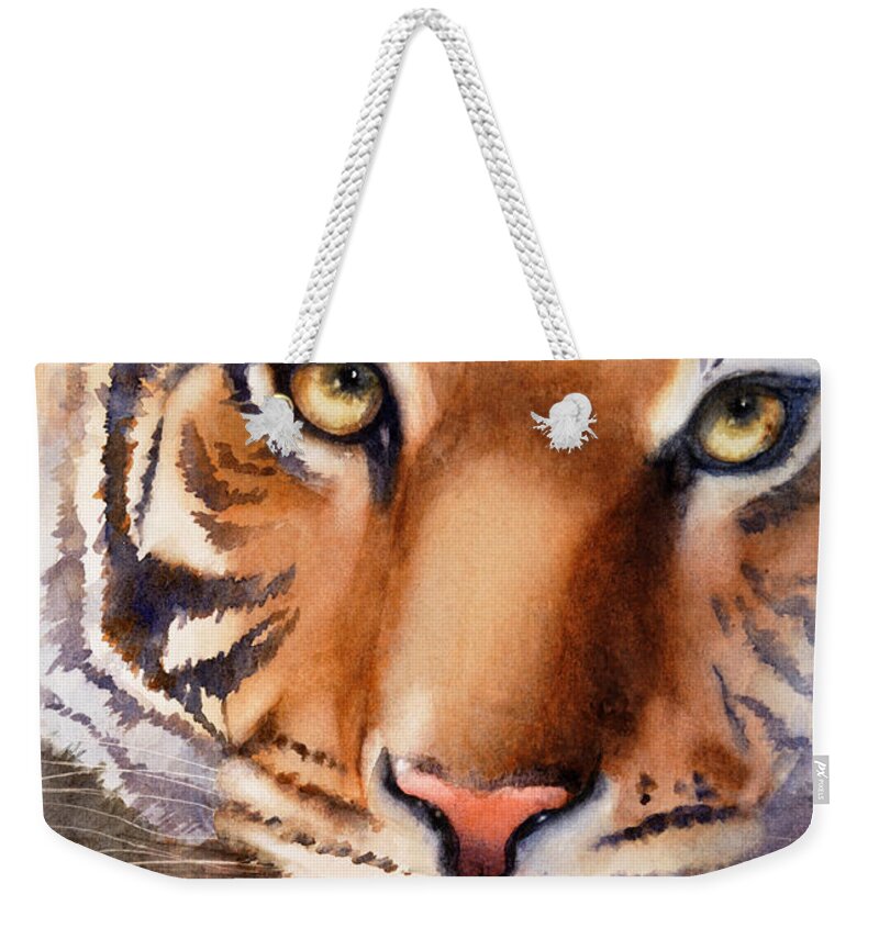 Tiger Weekender Tote Bag featuring the painting Eyes of the Tiger by Bonnie Rinier