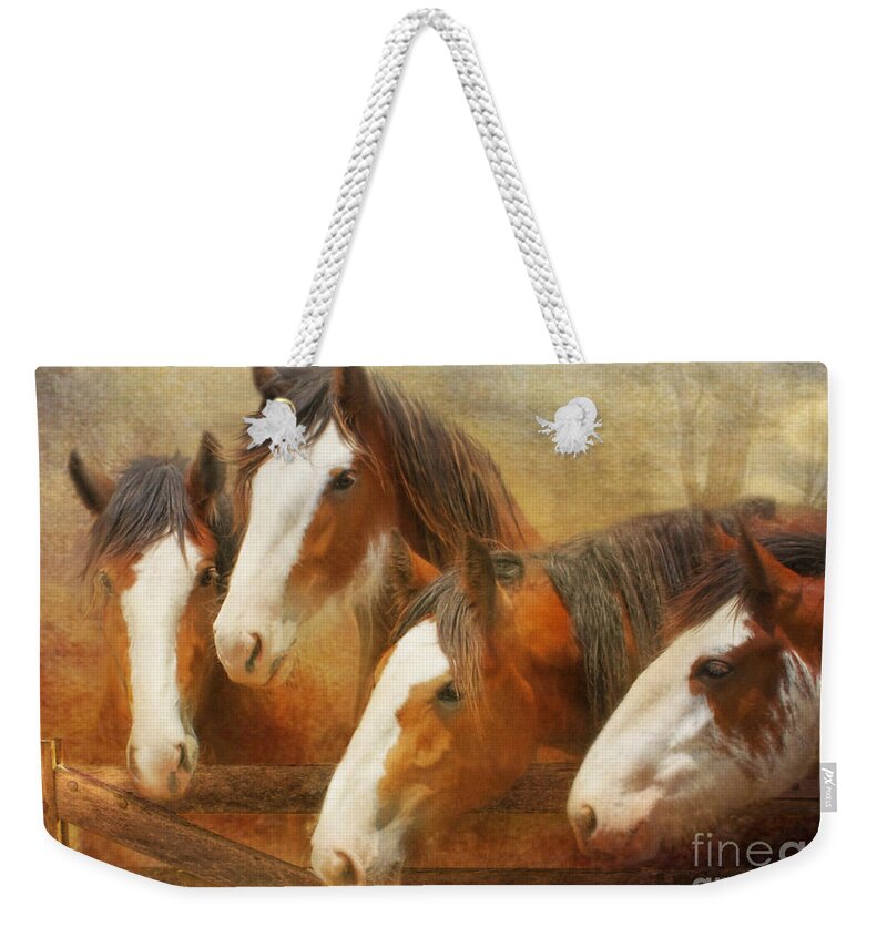 Clydesdale Weekender Tote Bag featuring the mixed media Faces Of Four by Trudi Simmonds