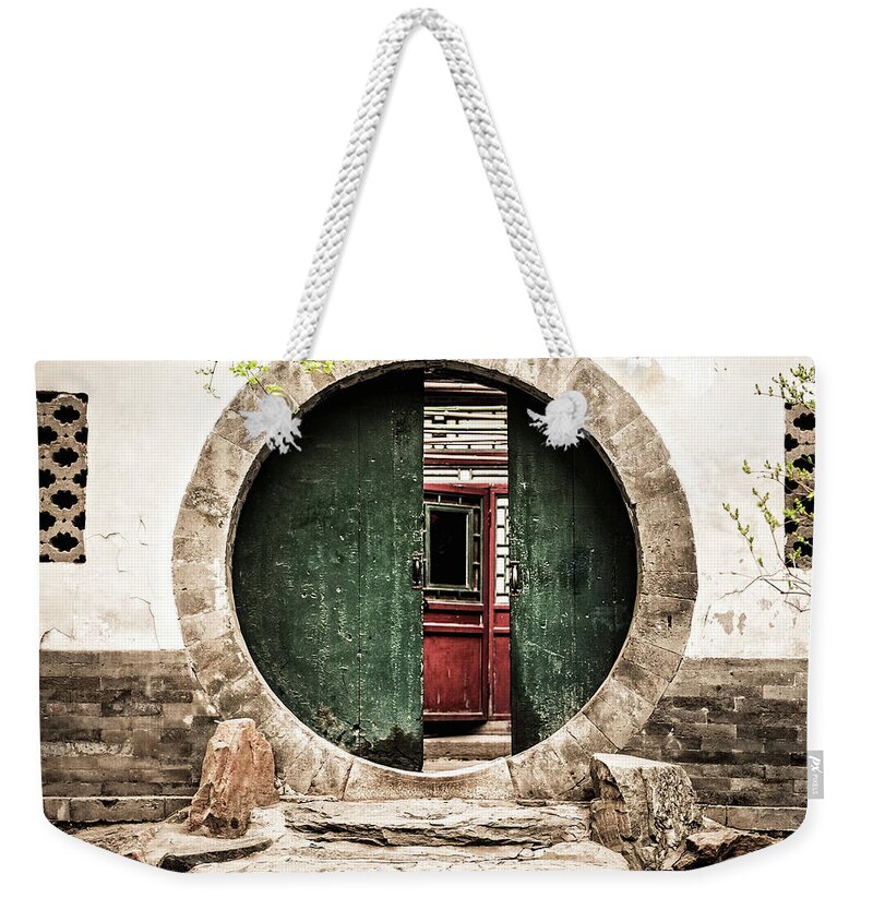 Curve Weekender Tote Bag featuring the photograph Faded Green Gate In Beijing, China by Tomml