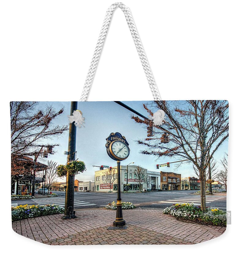 Alabama Weekender Tote Bag featuring the photograph Fairhope Clock and 4 Corners by Michael Thomas
