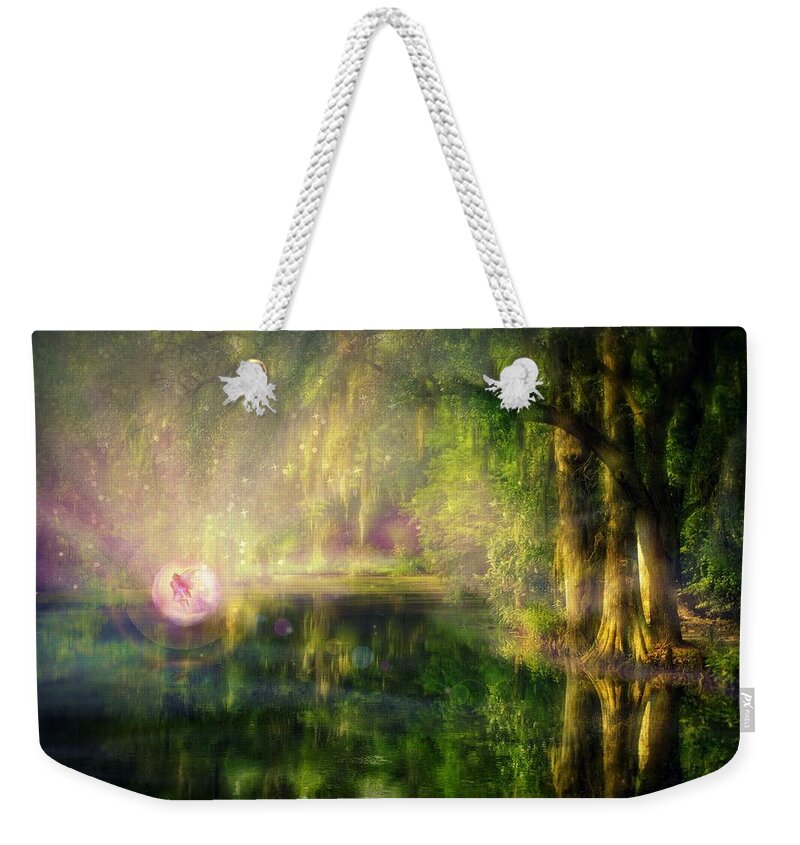 Fairy Weekender Tote Bag featuring the digital art Fairy in Pink bubble in Serenity Forest by Lilia D