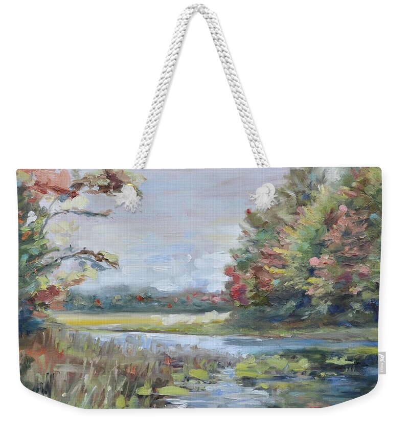 Water Weekender Tote Bag featuring the painting Fall Impressions by Donna Tuten