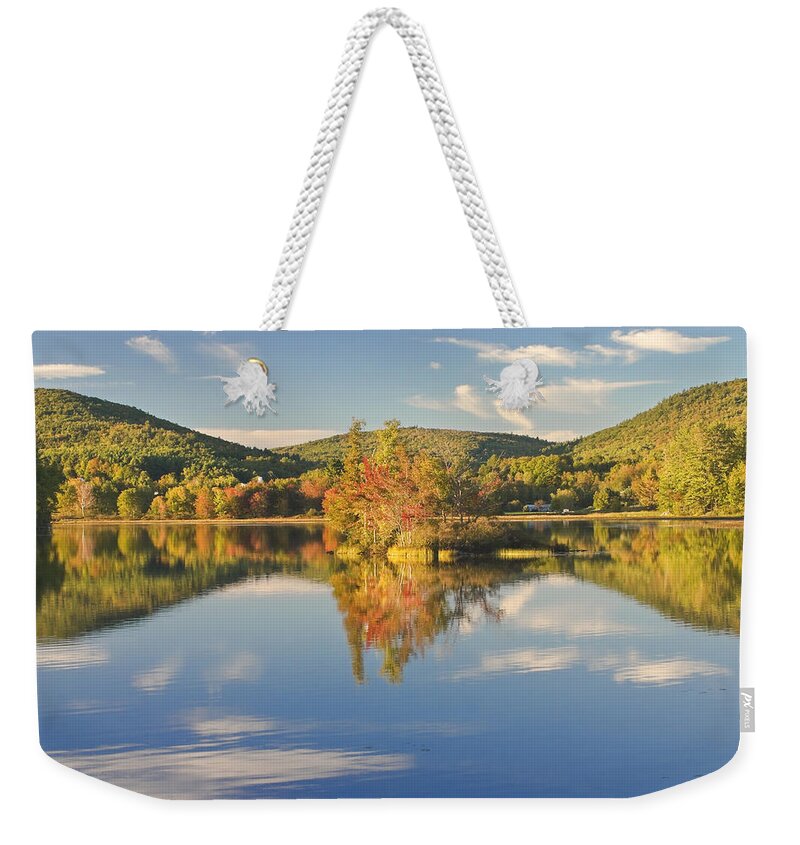 Vienna Weekender Tote Bag featuring the photograph Fall Landscape on Flying Pond in Vienna Maine by Keith Webber Jr