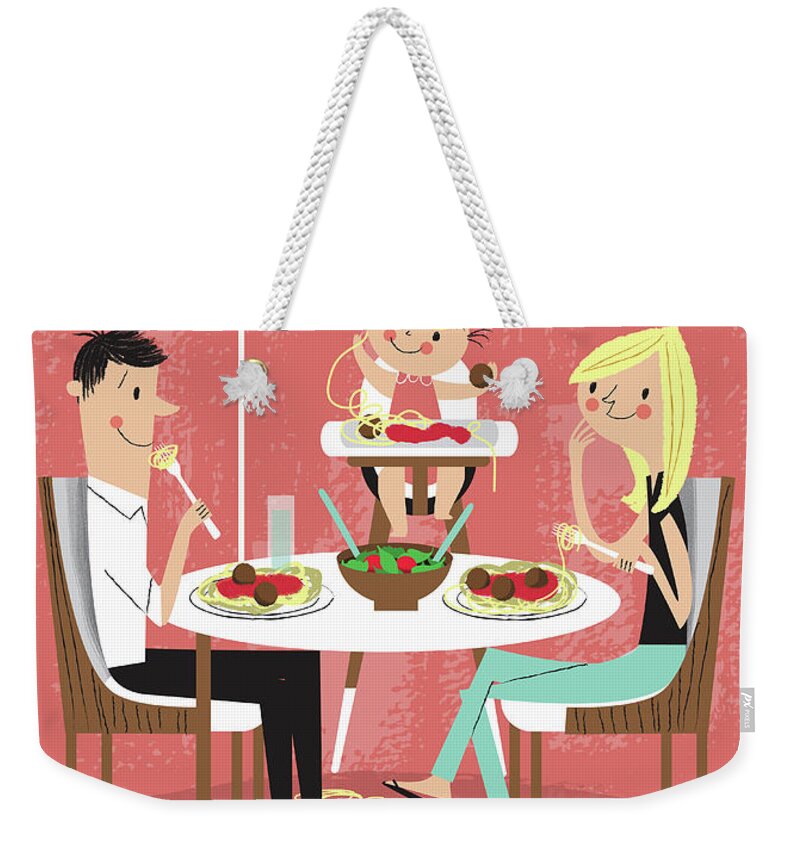 30-34 Years Weekender Tote Bag featuring the photograph Family Enjoying Eating Dinner Together by Ikon Ikon Images