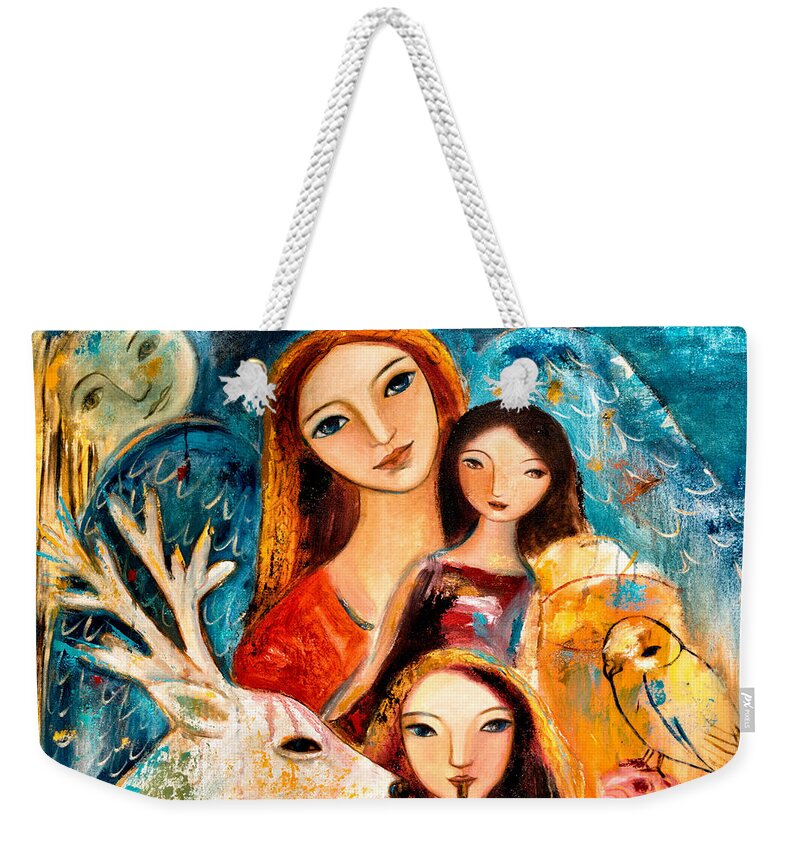 Mother And Child Weekender Tote Bag featuring the painting Family with Reindeer by Shijun Munns