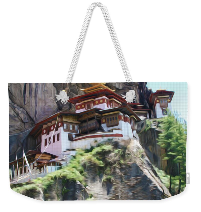 Famous Tigers Nest Monastery Of Bhutan Weekender Tote Bag featuring the painting Famous tigers nest monastery of Bhutan 7 by Jeelan Clark