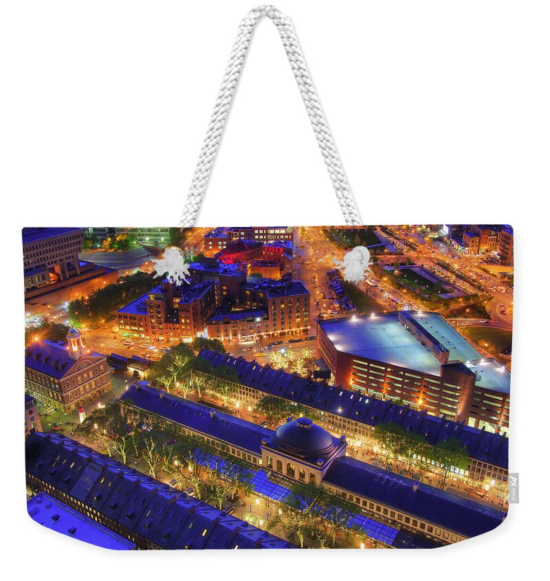 Quincy Market Weekender Tote Bag featuring the photograph Faneuil Hall and Quincy Market Aerial by Joann Vitali
