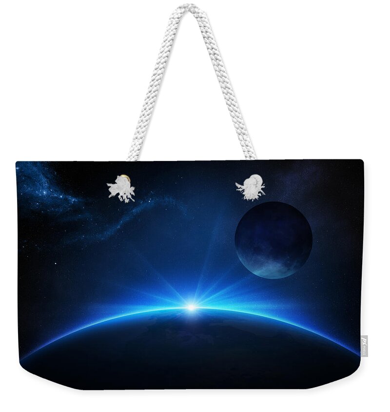 Earth Weekender Tote Bag featuring the photograph Fantasy Earth and Moon with sunrise by Johan Swanepoel