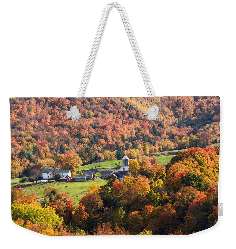 New England Fall Foliage Weekender Tote Bag featuring the photograph Farm with a foliage view by Jeff Folger