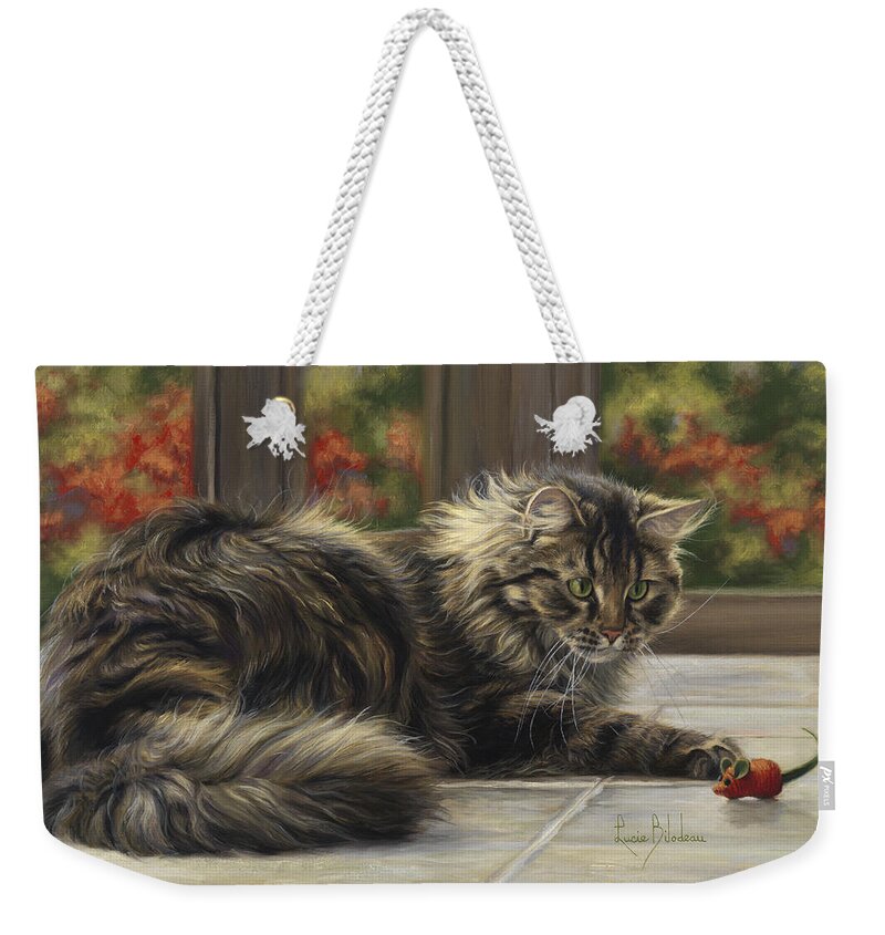 Cat Weekender Tote Bag featuring the painting Favorite Toy by Lucie Bilodeau