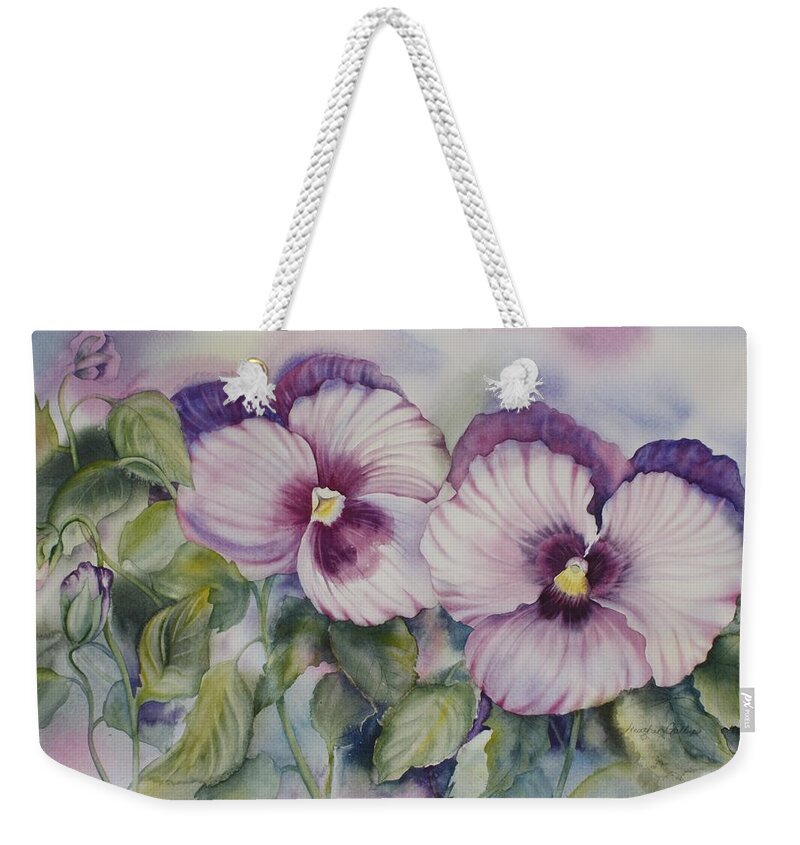 Pansies Weekender Tote Bag featuring the painting Favourite Garden Pansies by Heather Gallup