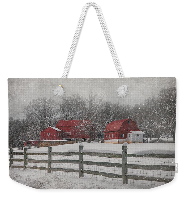 Farms Weekender Tote Bag featuring the photograph February Snow At Buffalo Hollow Farm by Pat Abbott