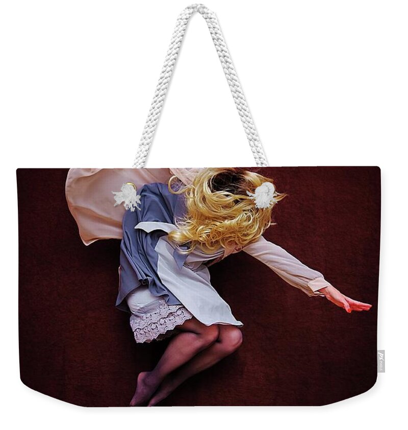 Human Arm Weekender Tote Bag featuring the photograph Female Jumping Blonde Hair Arms Wide by Cynthia Saxon Cox