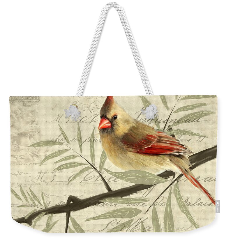 Red Cardinal Weekender Tote Bag featuring the painting Female Symphony by Lourry Legarde