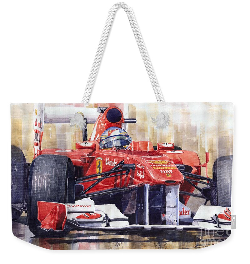Watercolour Weekender Tote Bag featuring the painting 2011 Ferrari 150 Italia Fernando Alonso F1  by Yuriy Shevchuk