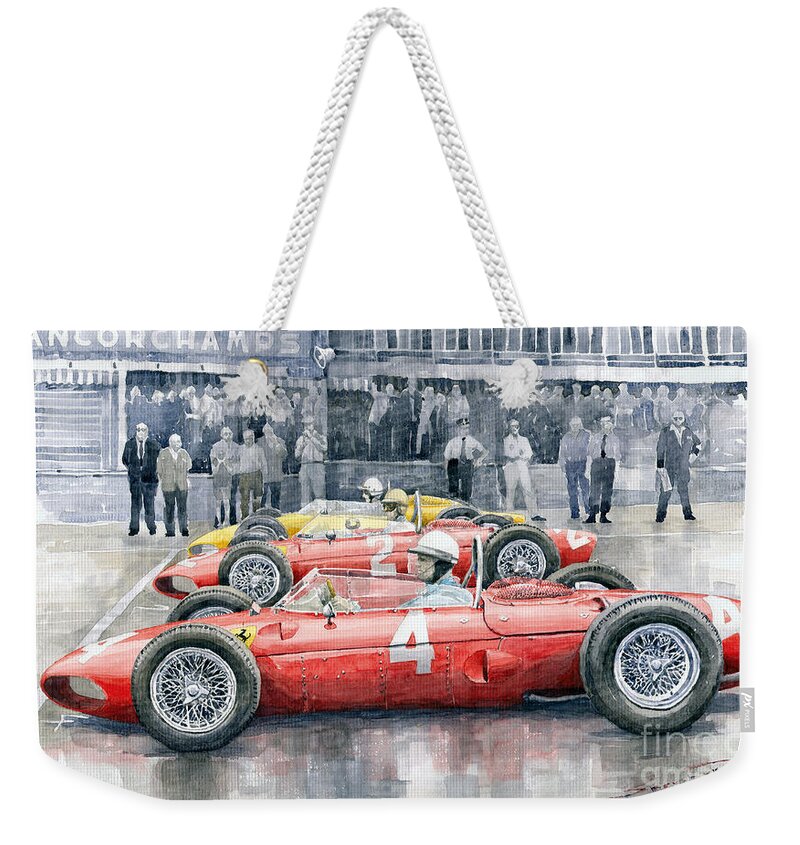 Watercolor Weekender Tote Bag featuring the painting Ferrari 156 Sharknose 1961 Belgian GP by Yuriy Shevchuk