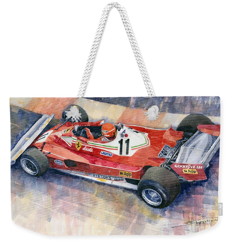 Watercolor Weekender Tote Bag featuring the painting 1977 Monaco GP Ferrari 312 T2 Niki Lauda by Yuriy Shevchuk
