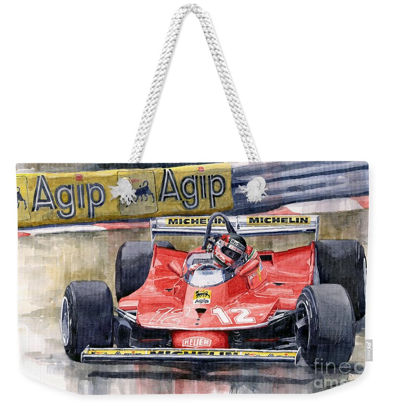 Shevchukart Weekender Tote Bag featuring the painting Ferrari 312T4 Gilles Villeneuve Monaco GP 1979 by Yuriy Shevchuk