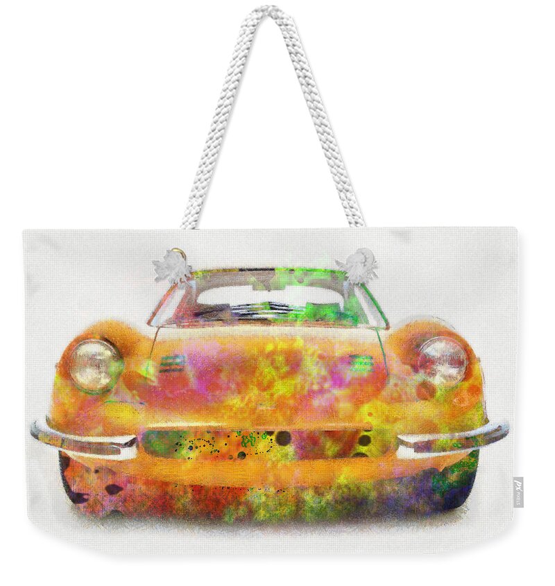 Ferrari Weekender Tote Bag featuring the painting Ferrari dino 246 colorful abstract on white by Eti Reid