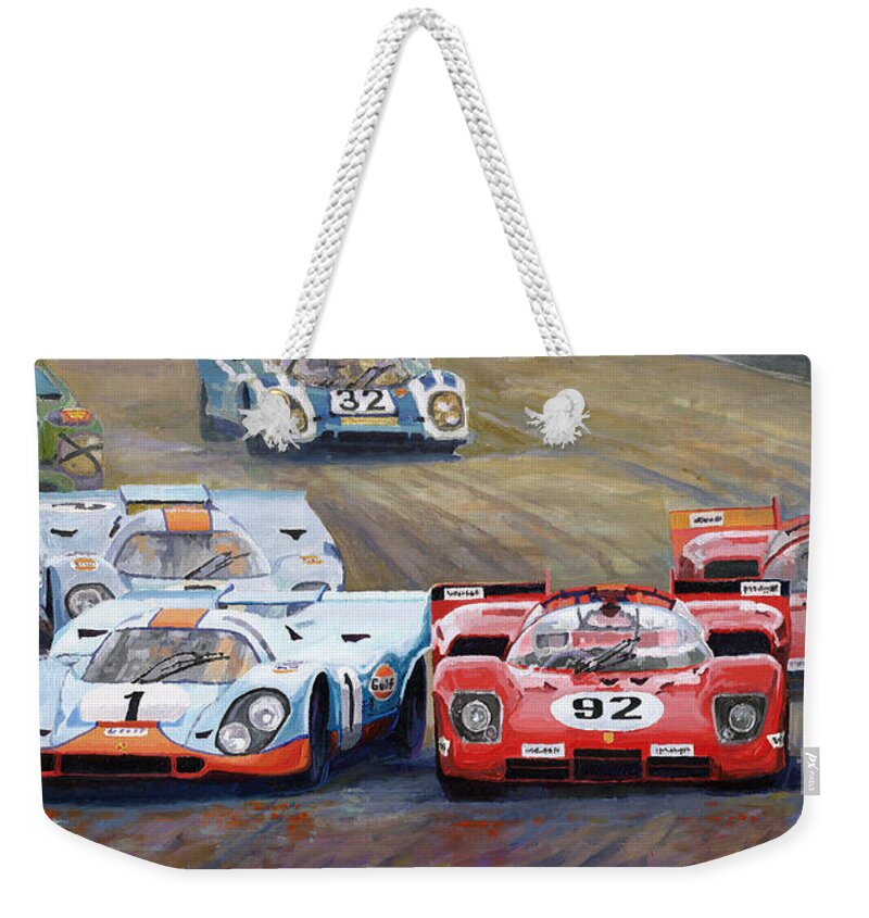 Acrilic On Canvas Weekender Tote Bag featuring the painting Ferrari vs Porsche 1970 Watkins Glen 6 Hours by Yuriy Shevchuk