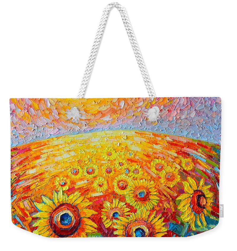 Sunflower Weekender Tote Bag featuring the painting Fields Of Gold - Abstract Landscape With Sunflowers In Sunrise by Ana Maria Edulescu