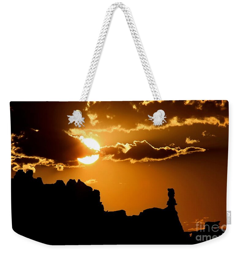 Sunset Weekender Tote Bag featuring the photograph Fiery Desert Sky by Marty Fancy