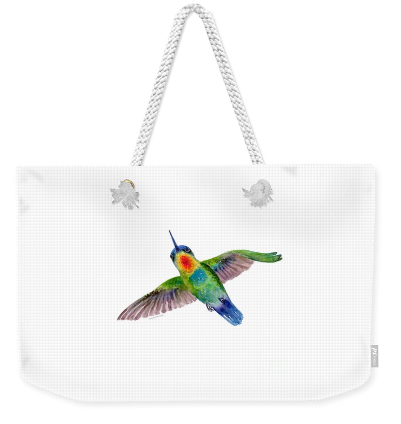 Bird Weekender Tote Bag featuring the painting Fiery-Throated Hummingbird by Amy Kirkpatrick