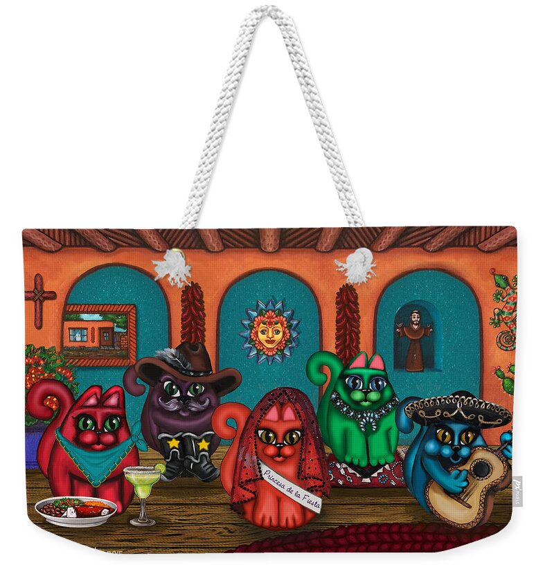 Folk Art Weekender Tote Bag featuring the painting Fiesta Cats II by Victoria De Almeida