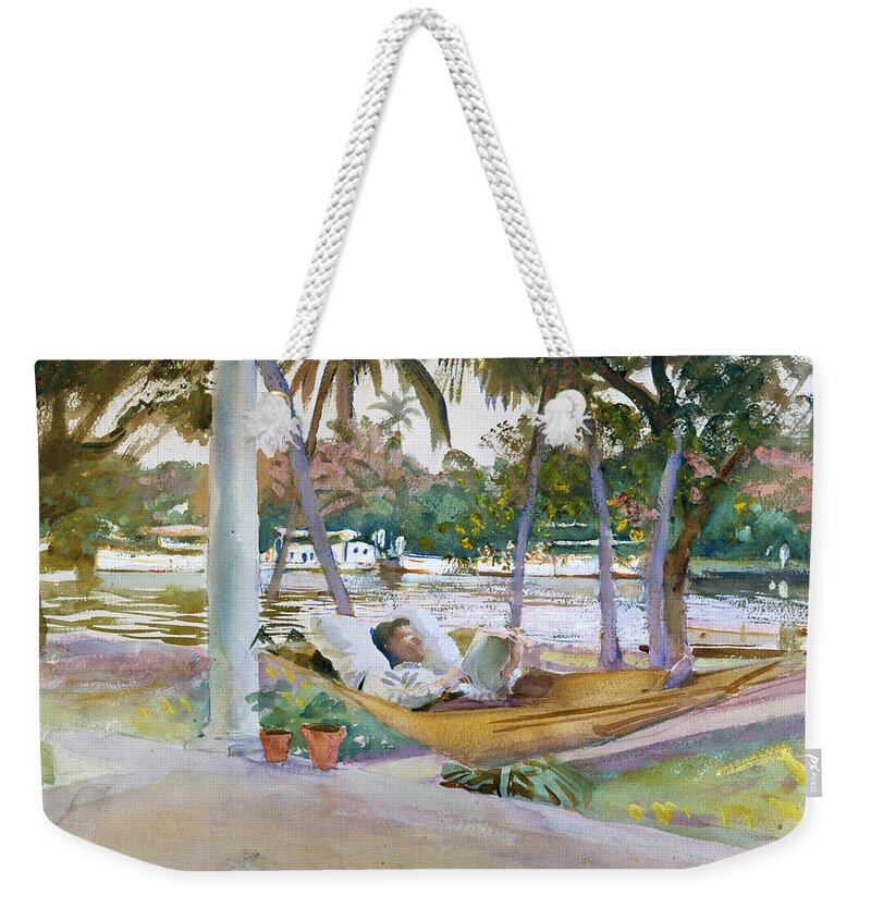 John Singer Sargent Weekender Tote Bag featuring the painting Figure in Hammock. Florida by John Singer Sargent