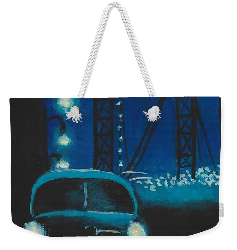 #film Noir #retro #1940's #cars #bridges Weekender Tote Bag featuring the painting Film Noir in Blue #1 by Allison Constantino