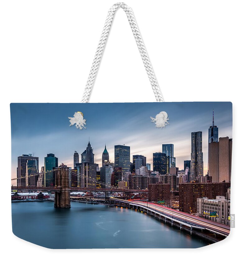 Downtown Weekender Tote Bag featuring the photograph Financial District at dusk by Mihai Andritoiu