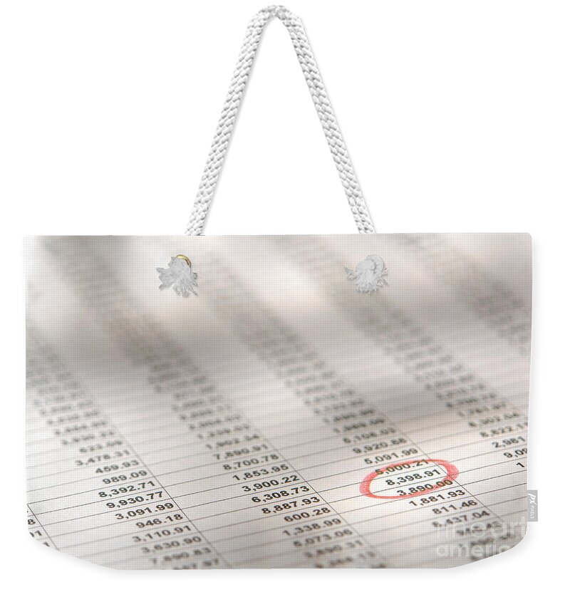 Account Weekender Tote Bag featuring the photograph Financial Spreadsheet by Olivier Le Queinec