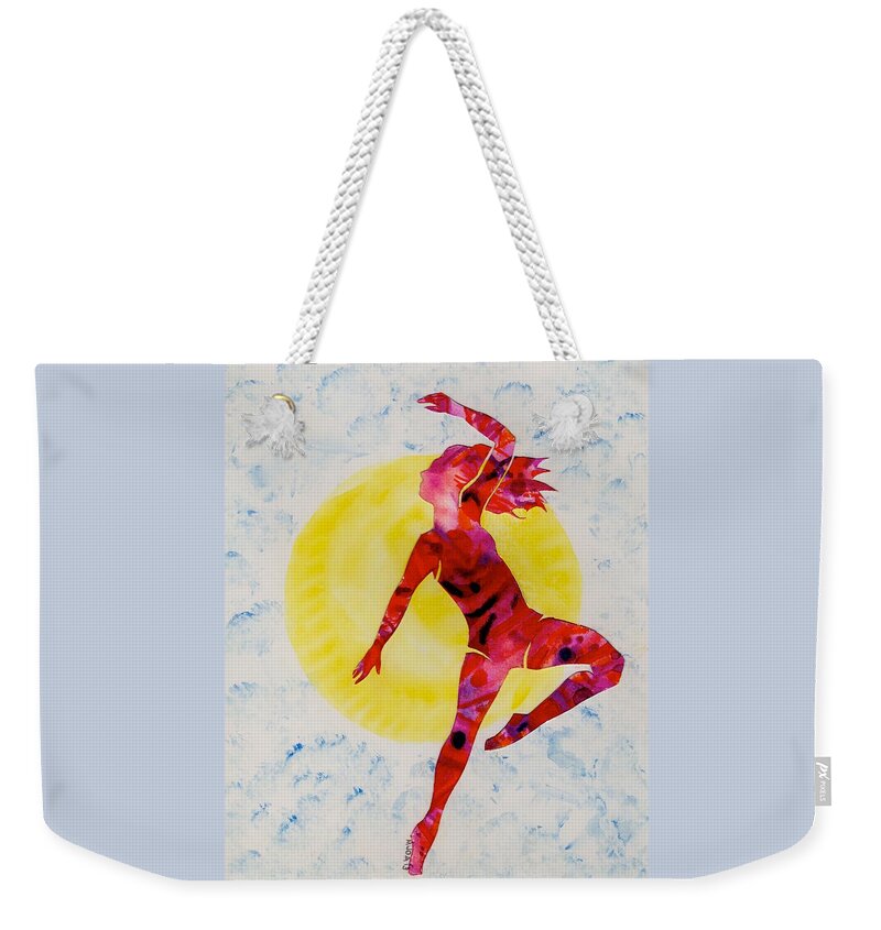 Mary Ogden Armstrong Weekender Tote Bag featuring the painting Fire dancer by Mary Armstrong