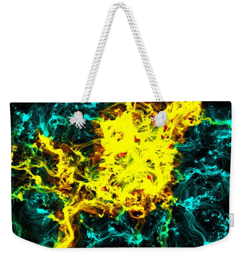 Blue Weekender Tote Bag featuring the painting Fire in the Heavens by Bruce Nutting