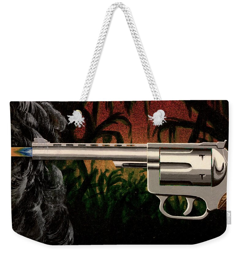 Gun Weekender Tote Bag featuring the painting Fire in the Jungle by Jack Malloch