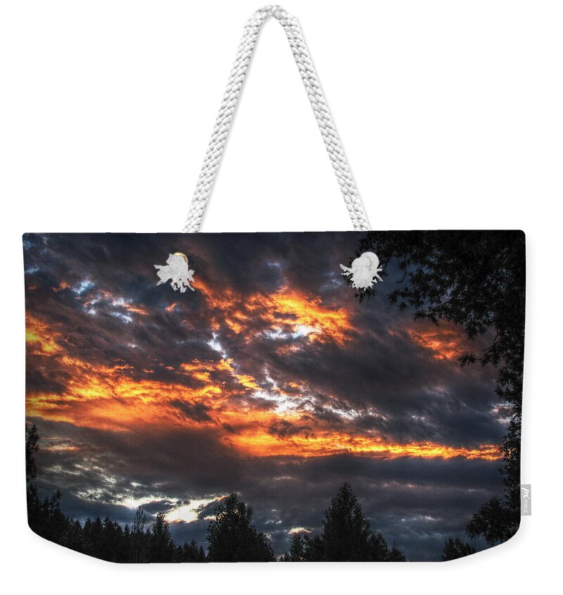 Sunset Weekender Tote Bag featuring the photograph Fire in the Sky by Melanie Lankford Photography