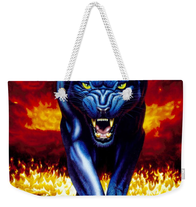 Animal Weekender Tote Bag featuring the photograph Fire Panther by MGL Meiklejohn Graphics Licensing