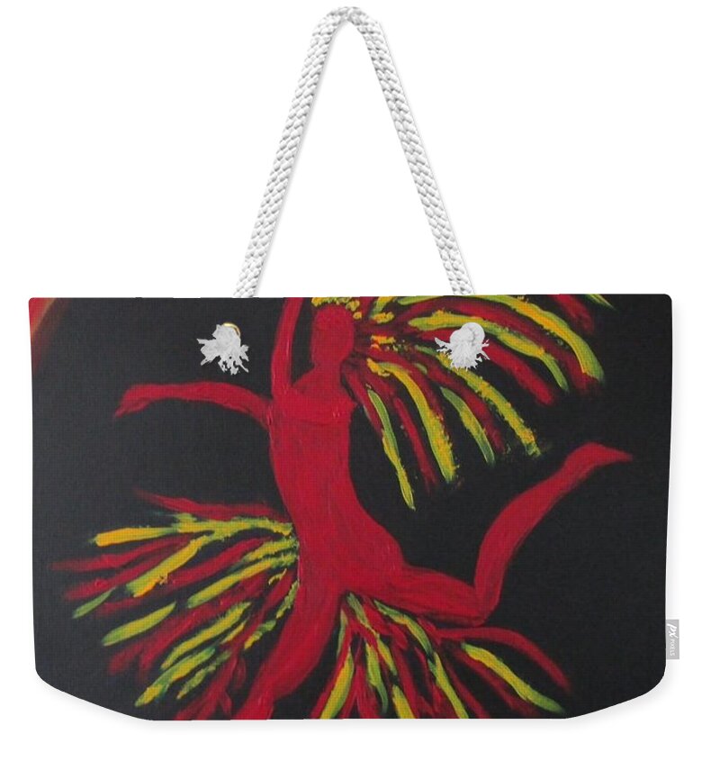 Abstract Symphony Music Ballet Fire Ethereal Bird Red Black Yellow Weekender Tote Bag featuring the painting Firebird by Sharyn Winters