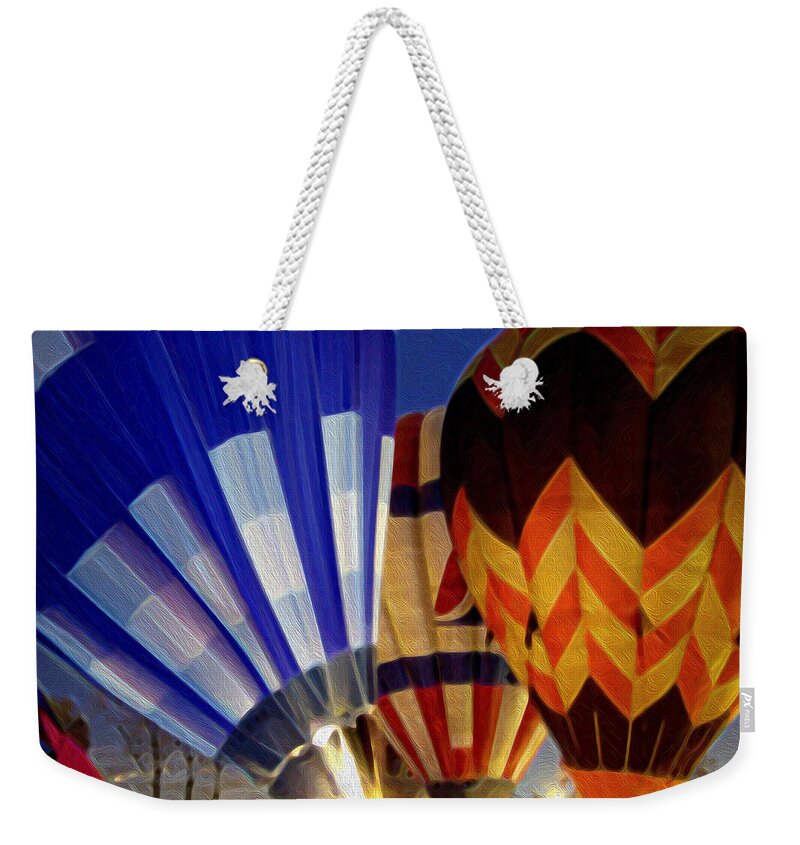 Hot Air Balloon Weekender Tote Bag featuring the photograph Firing Up by Kathy Bassett