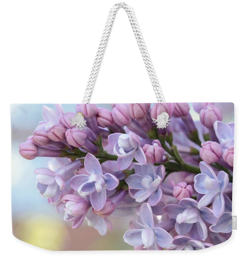 Lilac Weekender Tote Bag featuring the photograph First Love's Soft Glow by Connie Handscomb