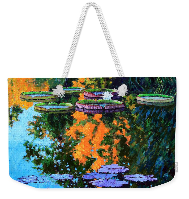 Garden Pond Weekender Tote Bag featuring the painting First Signs of Fall by John Lautermilch